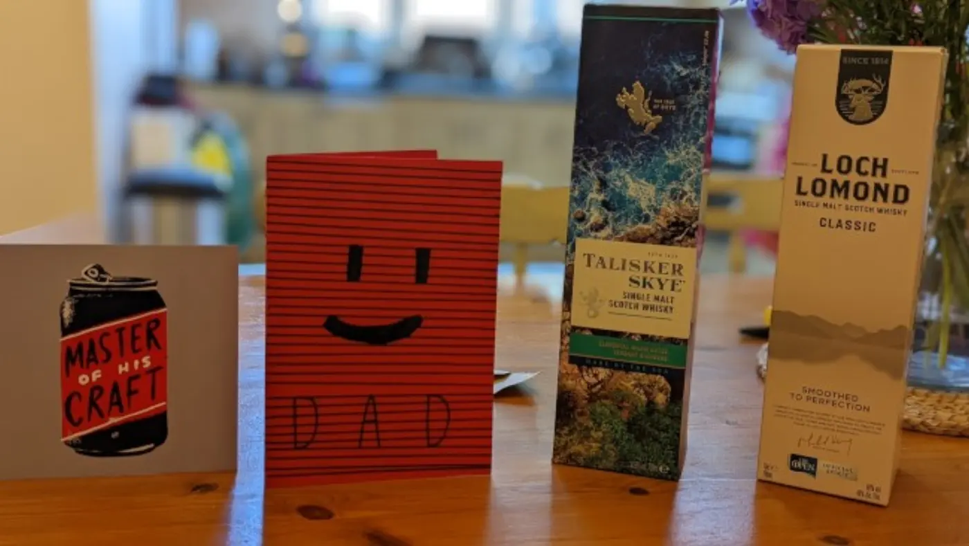 Card, handmade card and two bottles of whisky (Talisker Skye & Loch Lomond)