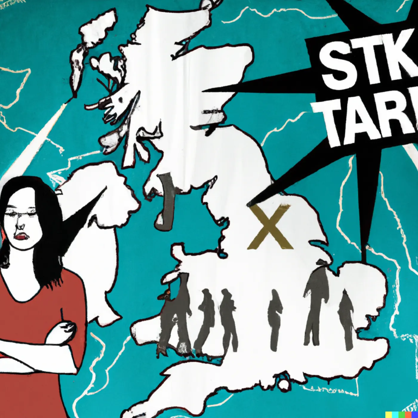 Map of UK with woman in foreground in red dress with arms folded