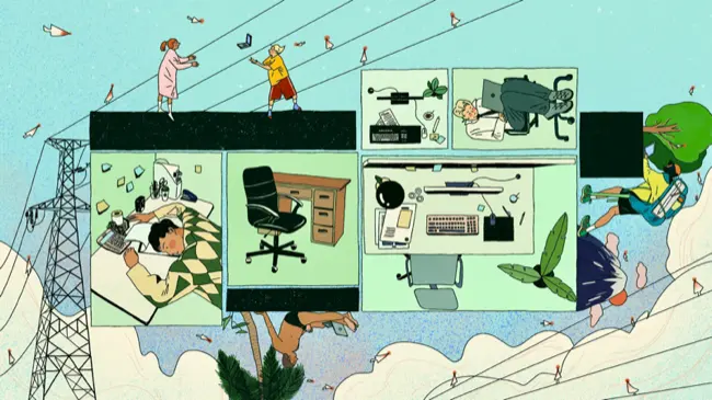 Within the frames are people bound to their office cubicles; beyond them, individuals work freely from diverse locations, connected through digital signals.