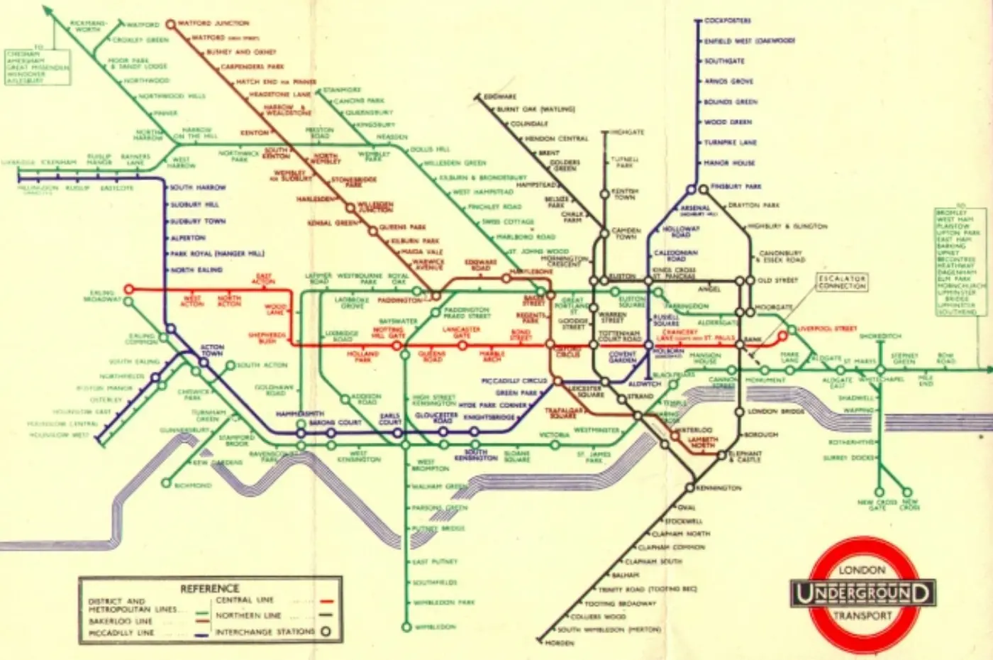 Harry Beck's diagrammatic London Underground map, with coloured lines for each route