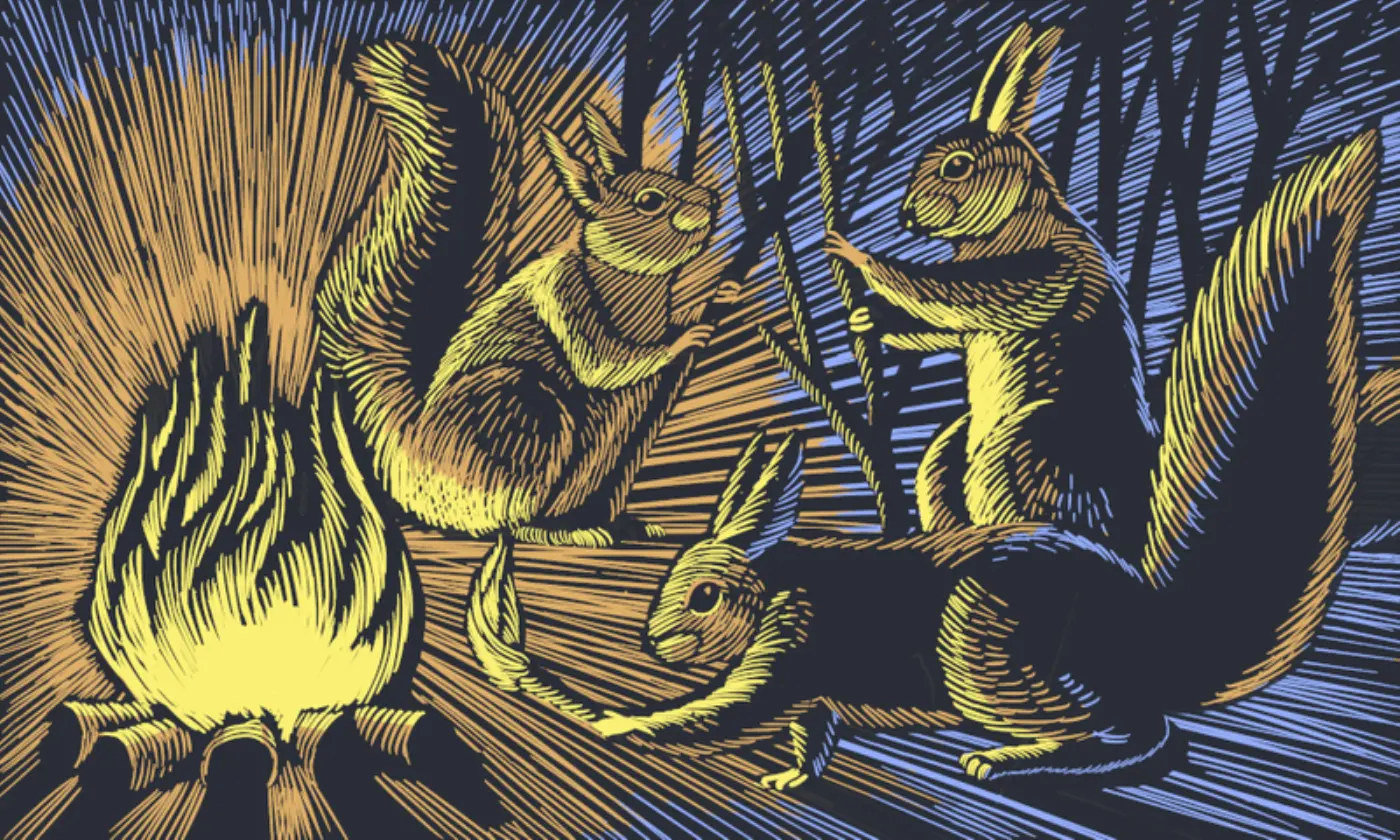 Squirrels around a bonfire