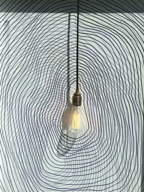 Auto-generated description: A vintage-style light bulb hangs against a wall with concentric black lines creating an optical illusion.