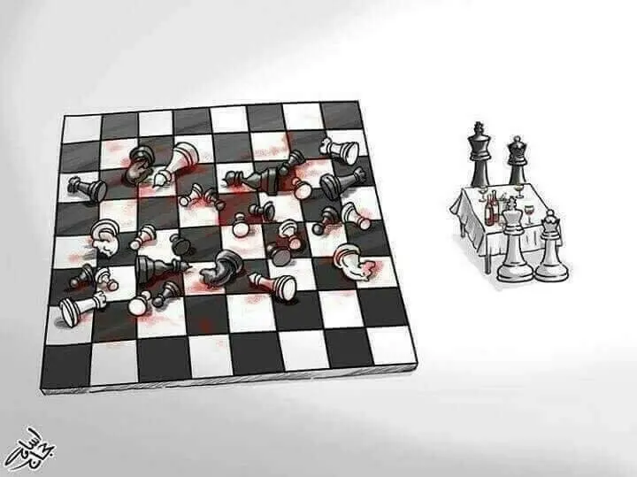 To the left, a chessboard strewn with bloodied, dead chesspieces. To the right, a small table is set for dinner with wine: the king and queen pieces of both sides of the chessboard stand at the table together, ready to enjoy a meal. (via Cathal Garvey)