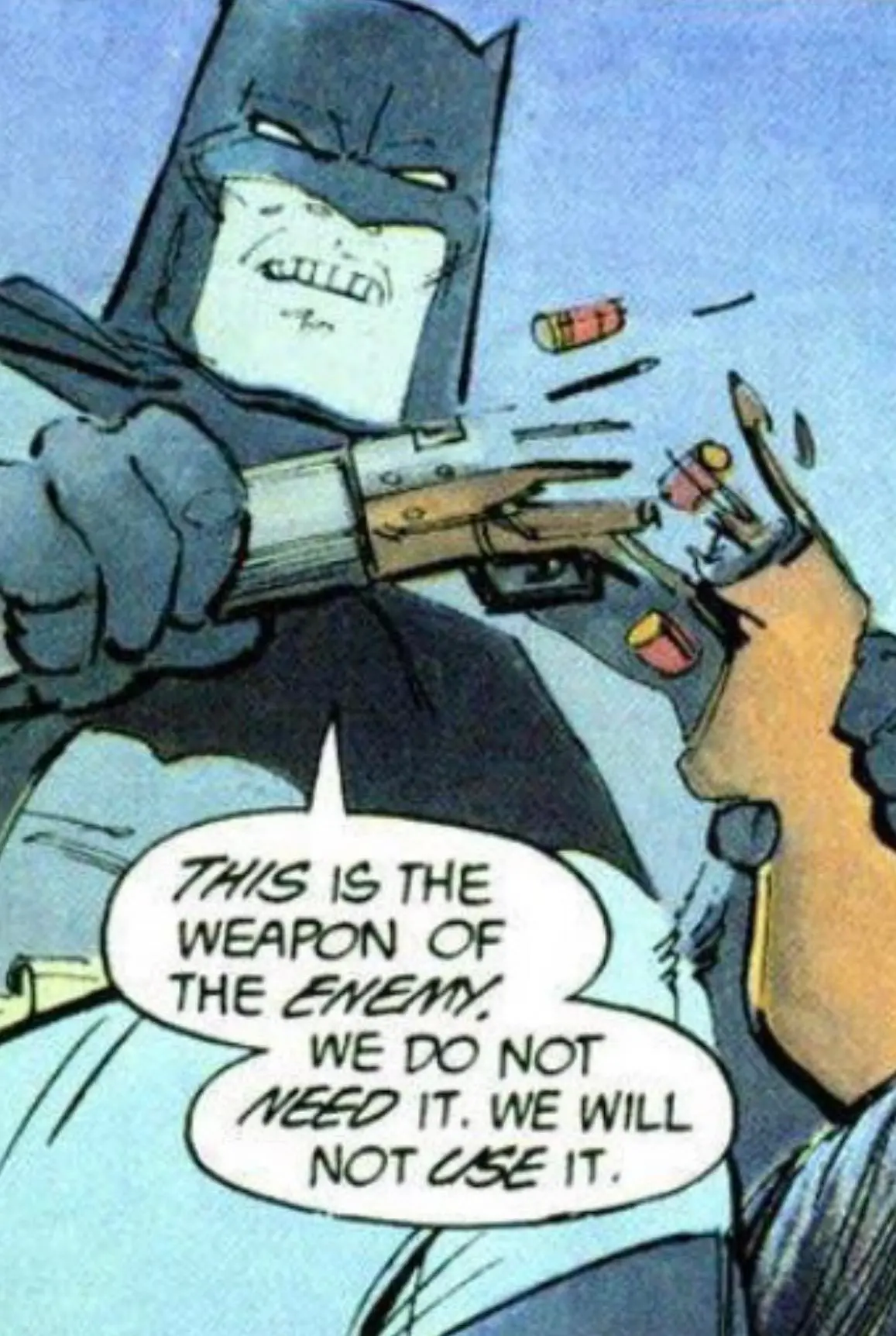 Auto-generated description: Batman is shown breaking a gun while stating, This is the weapon of the enemy. We do not need it. We will not use it.