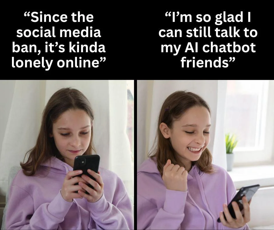 Auto-generated description: A person in a lavender hoodie expresses loneliness due to a social media ban but finds comfort in talking to AI chatbot friends.