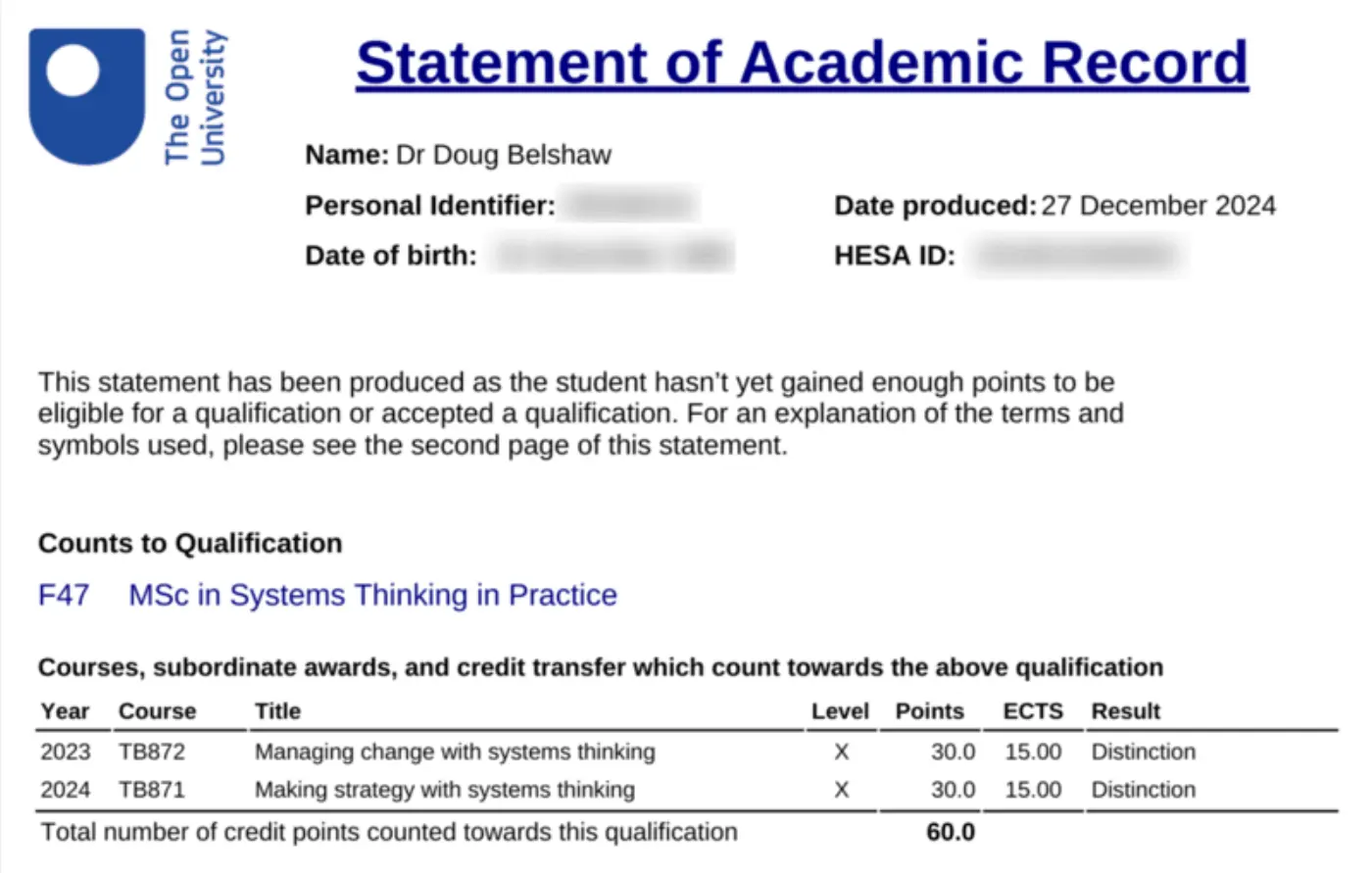 Screenshot of Open University 'Statement of Academic Record' showing 'Distinction' for modules TB871 and TB872 towards course F47 (MSc in Systems Thinking in Practice)