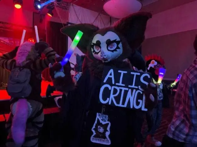 Auto-generated description: A person dressed in an animal costume holds a sign that reads AI IS CRINGE in a lively, colorful setting with others in similar costumes.