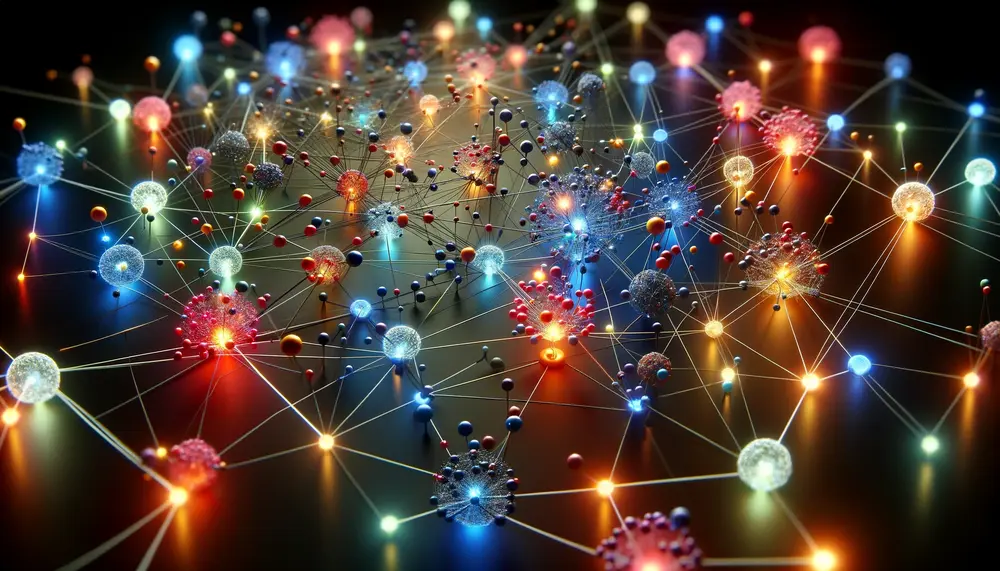 An abstract representation of a learning system visualized as a network of interconnected, glowing nodes, each signifying individuals or subgroups within a community. The nodes, varying in colors and sizes, represent diversity and are linked by both tense, sparking wires and harmonious lights, illustrating the dual nature of tensions and potential growth within the system. This metaphorical image captures the dynamic and complex relationships within critical learning communities.