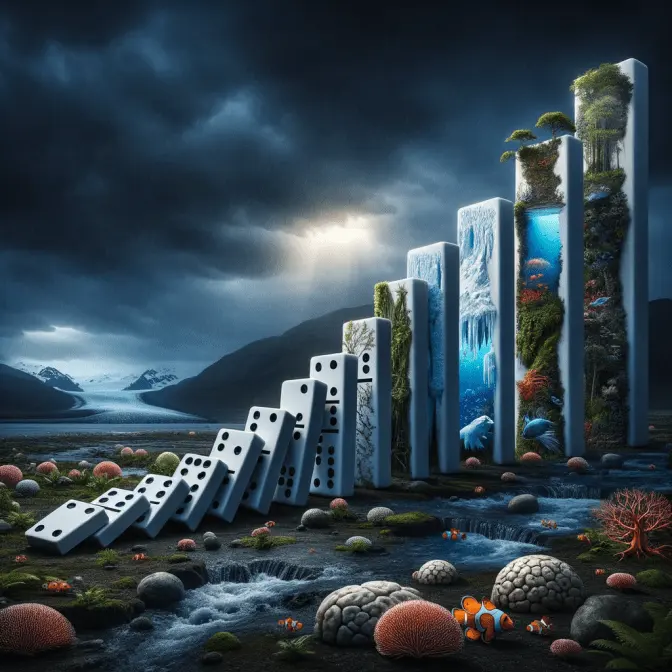 DALL-E 3 generated illustration showing a metaphorical depiction of climate tipping points. The scene includes a series of large dominoes in a fragile natural environment