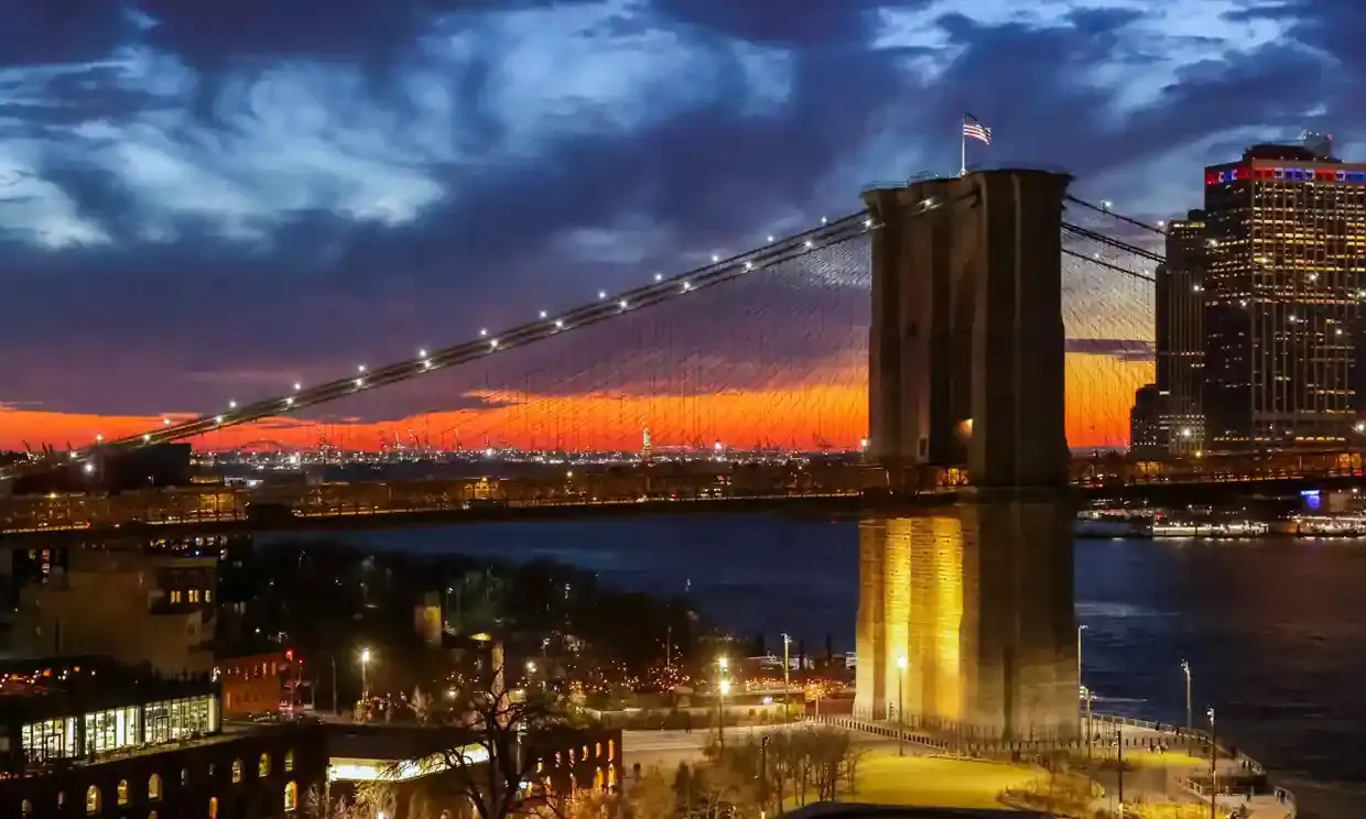 The skyline behind the Brooklyn Bridge in New York on 16 April.