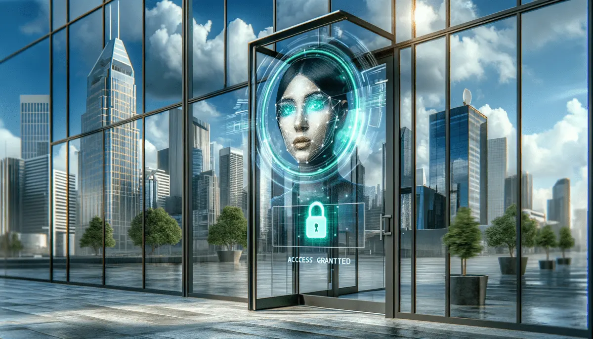 The image depicts a futuristic glass door on the front of a modern corporate building, reflecting a cityscape with skyscrapers under a sky with clouds. The glass features a holographic facial recognition system with a green circle and lock icon surrounding the reflection of a woman's face with short hair and glasses, indicating access has been granted.