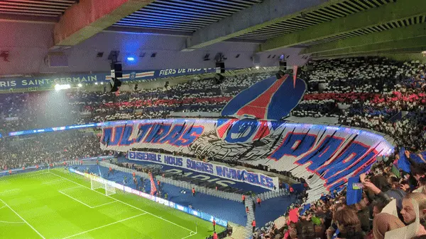 Gif of light show before PSG vs Atletico Madrid game focused on the Paris 'Ultras'