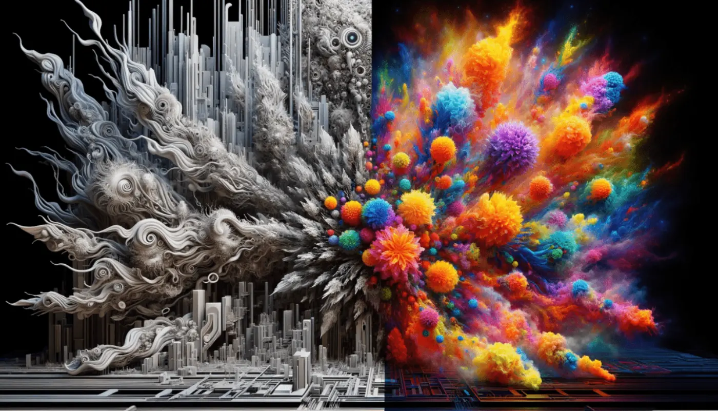 On one side, there is an explosion of hyper-vivid, surreal organic forms in a kaleidoscope of ultra-bright, neon colors, representing the full force of human emotions in their most extreme expression. The forms are so intense and lively that they seem to leap out of the image. The opposite side presents the zenith of sterile, mechanical coldness: a stark, lifeless landscape of rigid, ultra-precise geometric shapes and complex machinery in grayscale, symbolizing an absolute void of emotion and type of dystopia. The dramatic disparity between the two sides creates a powerful visual shock, emphasizing the extreme dichotomy between unbridled emotional expression and absolute emotional suppression.