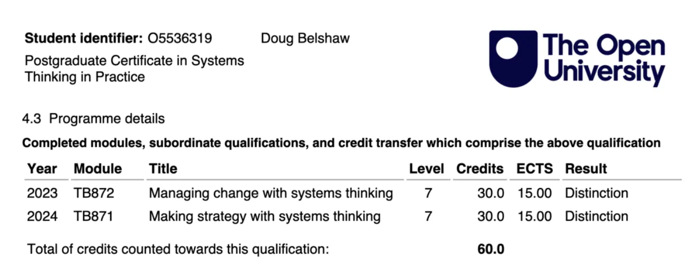 Transcript from the Open University showing Doug Belshaw's "Postgraduate Certificate in Systems Thinking in Practice".