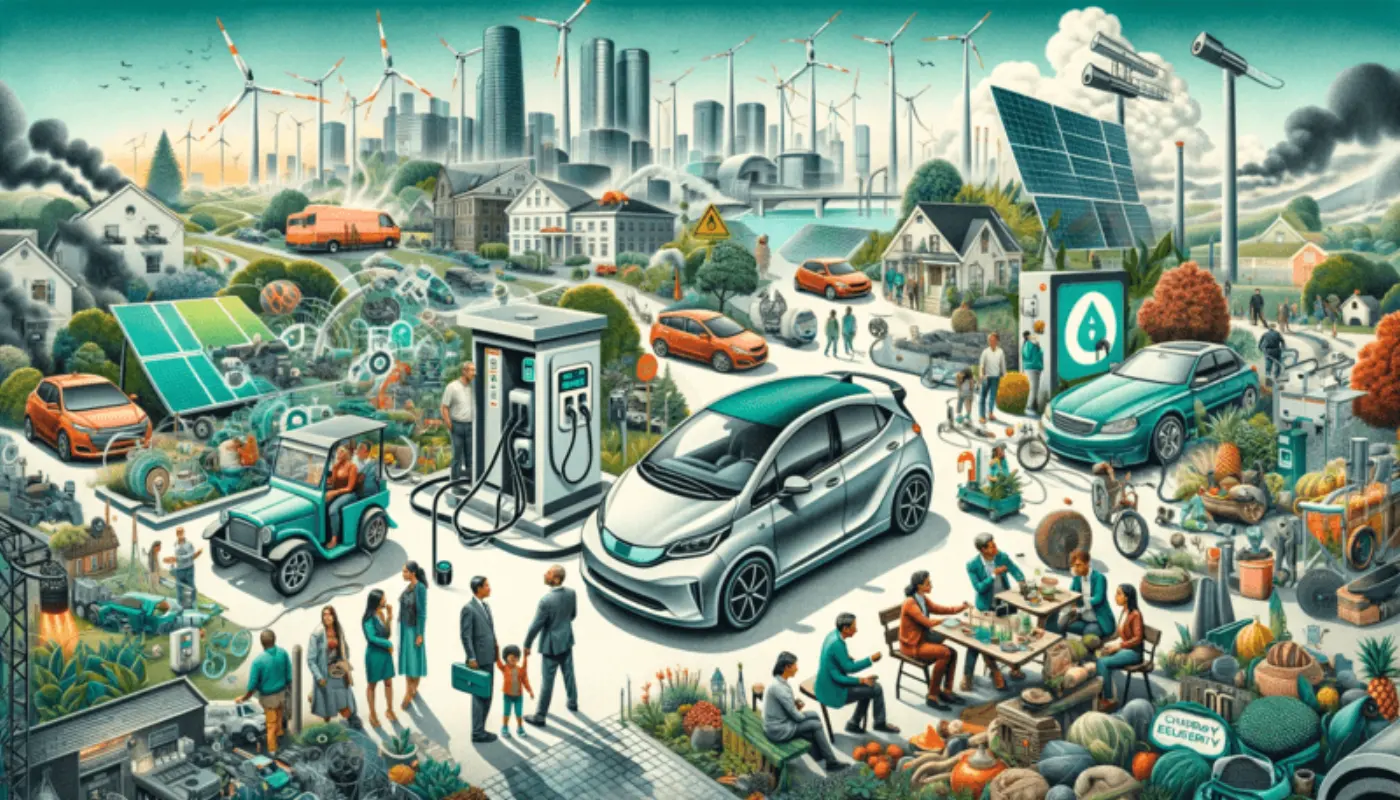 DALL-E 3 created collage that visually represents the contrast between systematic feasibility and cultural feasibility in the adoption of electric vehicles, as you described. The image harmoniously blends various elements such as an electric vehicle, a charging station in an urban setting, renewable energy sources, a family using an EV in a semi-rural setting, diverse people around an EV, political and policy symbols, and natural environments. This portrays the balance and interaction between technical practicalities and societal cultural factors in EV adoption.