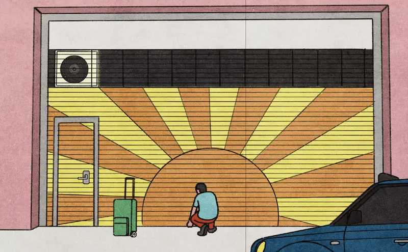 Shop shutters painted with sun mural
