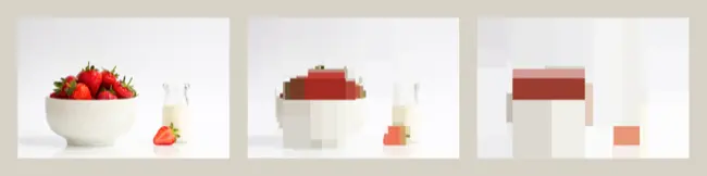 A grid of three images, each depicting a bowl of strawberries, a small glass bottle of milk, and a single strawberry on a clean, white surface. The images progressively become more pixelated from left to right.