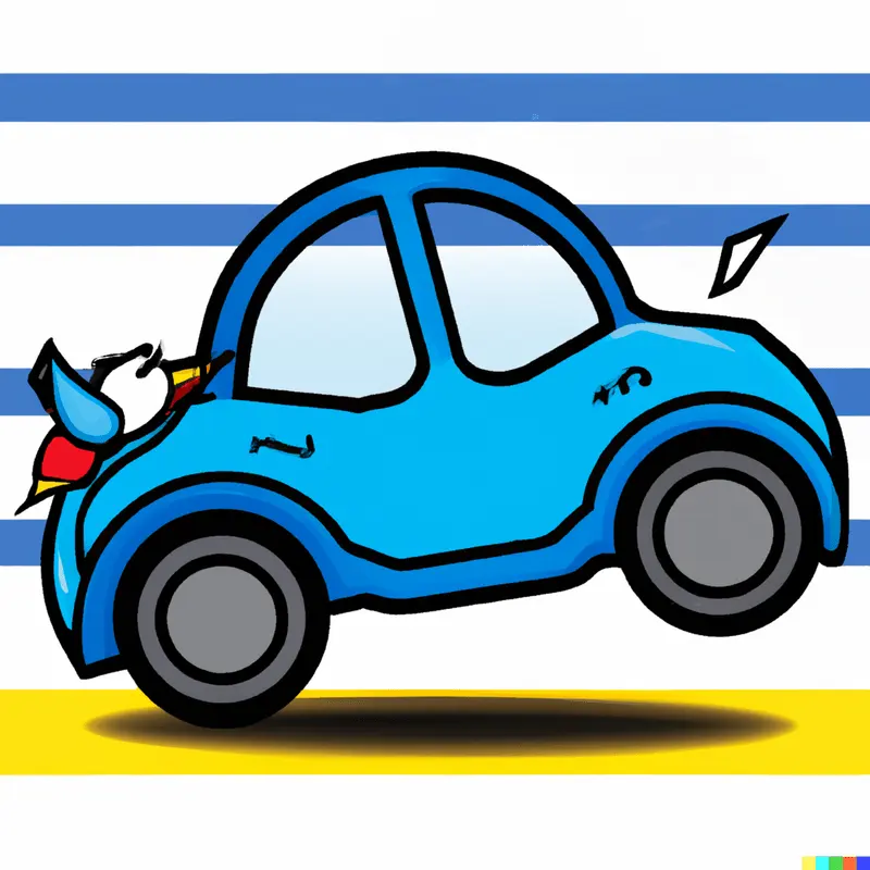 AI-generated cartoon of a small blue car against blue and white stripes, with a garbled bird-like figure bursting out of the back
