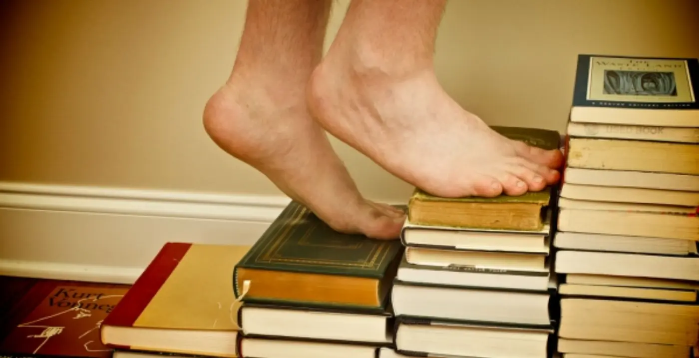 A photograph of a selection of hardback and paperback books, taken from above