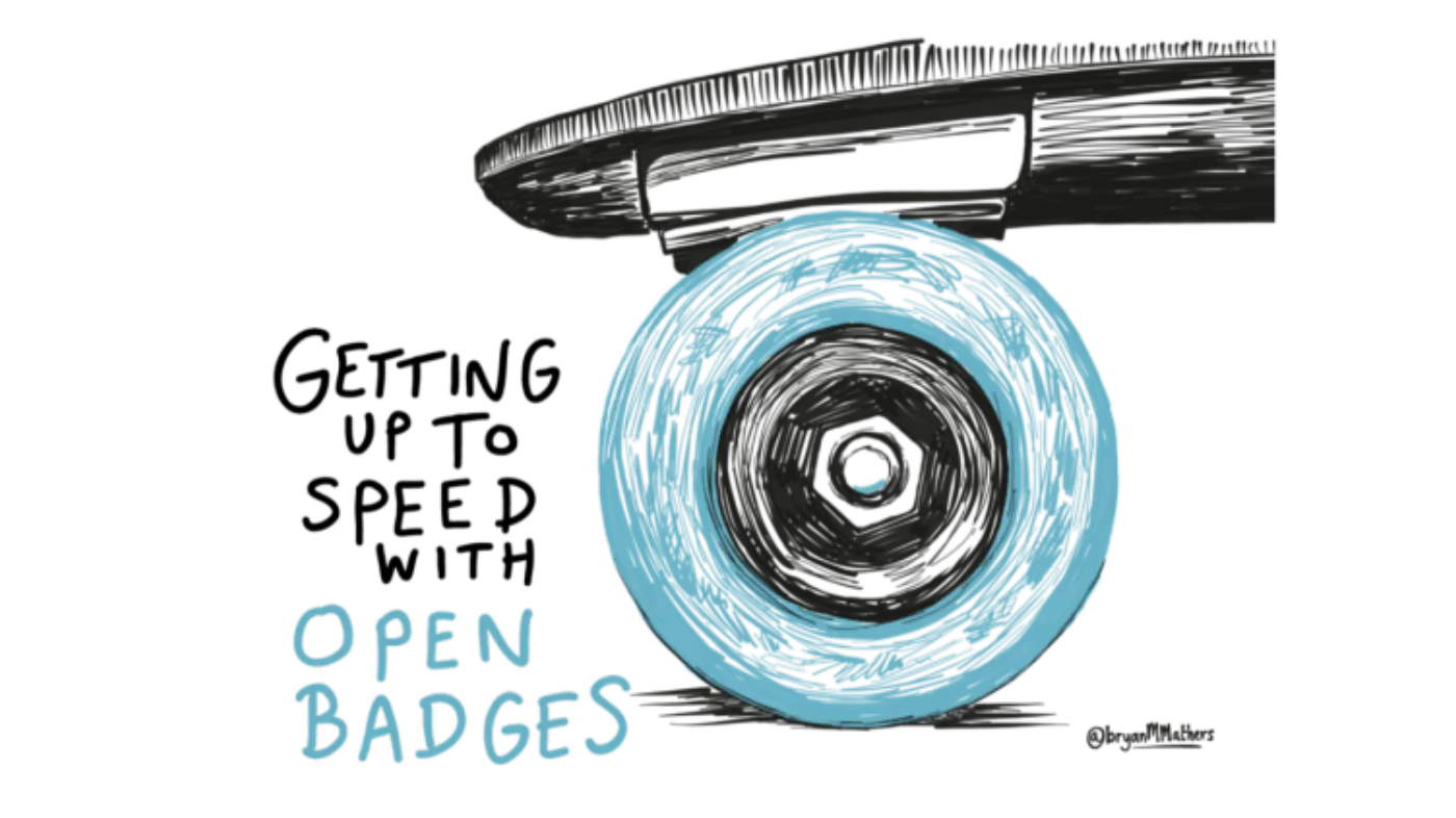 Close-up of skateboard wheel with text 'Getting up to speed with Open Badges'