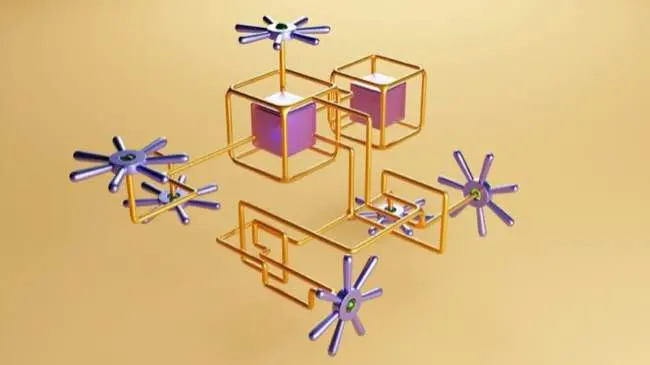 Auto-generated description: A complex, abstract geometric structure composed of interconnected cubes and star-like shapes is set against a yellow background.