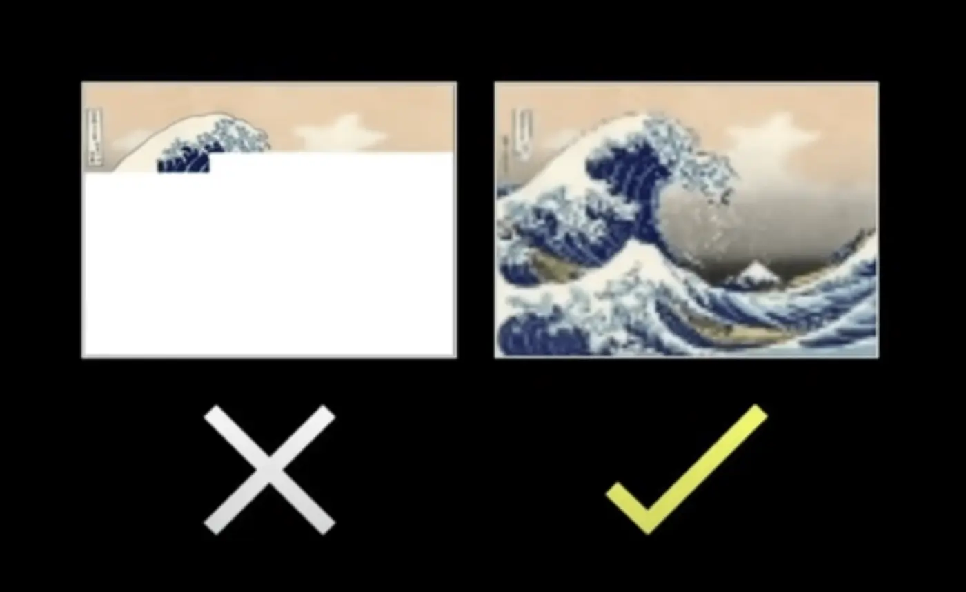 Slide showing two images of Hokusai's famous 'Great Wave' print. In the first, which is accompanied by a cross indicating it is incorrect, only the top of the wave can be seen. The rest has not been loaded.
In the second, the image has a check mark ('tick') next to it showing that it is correct. It is blurry, as it is loading 'progressively' - i.e. adding more detail as the image loads.
