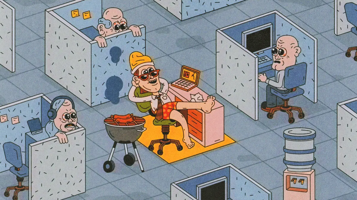 Someone sitting back in a chair with a BBQ in the middle of a cubicle office