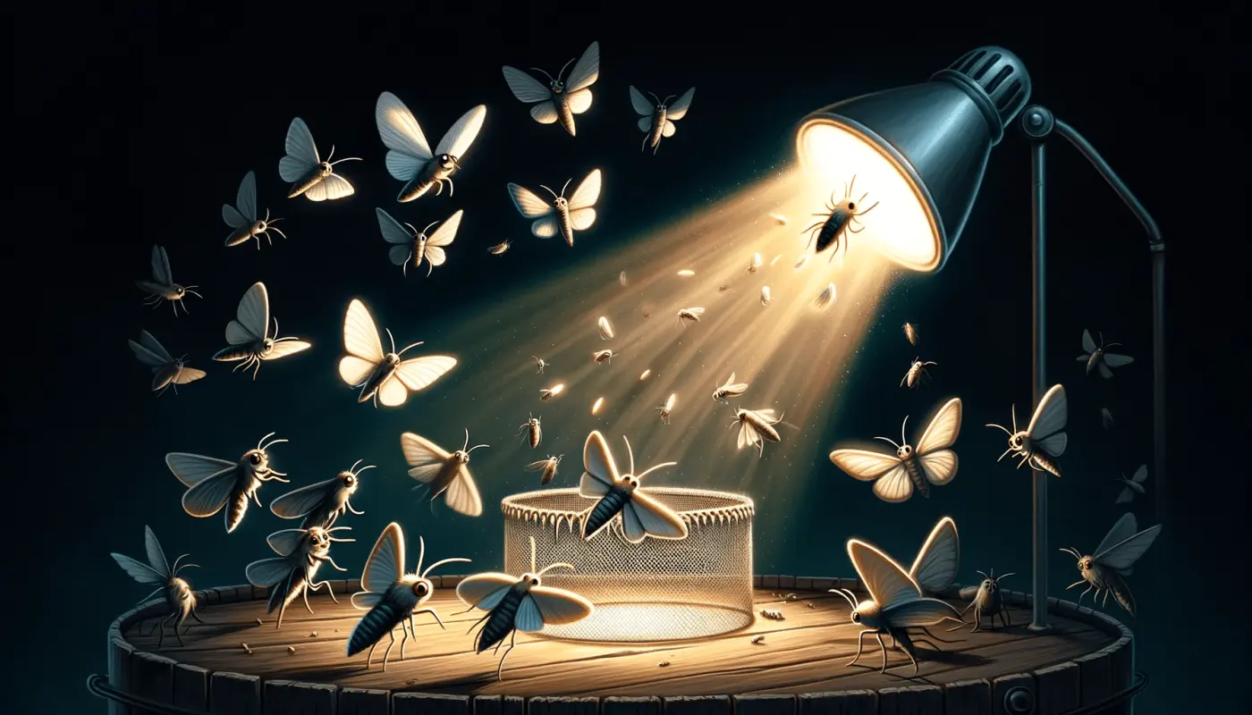 An image showing moths being irresistibly attracted to a bright light in a dark environment. Some moths are joyfully flying towards the light, while others are caught in a bug trap near the light source. This represents the idea of being drawn to something that seems beneficial but is actually harmful, a metaphor for systemic glitches or cultural traps.