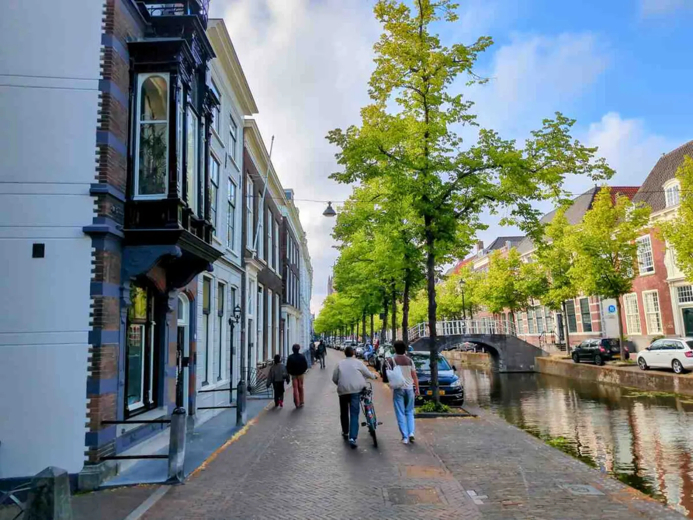 A street in Delft with buildings, trees, and a canal