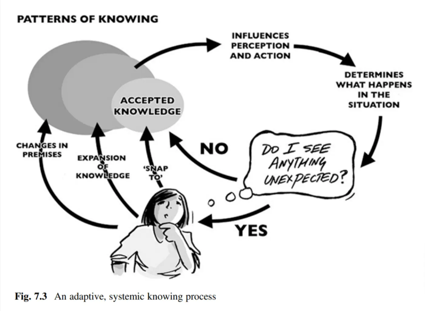 Figure 7.3 from the book 'Systems Practice' shows an adaptive, systemic knowing process diagram. It features two unlabelled overlapping circles and one labelled 'Accepted Knowledge'.
Arrows indicate a flow from the two unlabelled overlapping circles to 'Influences perception and action' and then to 'Determines what happens in the situation'
This leads to a person with a thought bubble 'Do I see anything unexpected?'. The arrow indicating 'No' leads to 'Accepted knowledge' while the arrow indicating 'Yes' leads to 'Snap to', 'Expansion of knowledge', and 'Changes in premises'. These three arrows lead back to the unlabelled overlapping circles.
'Accepted Knowledge', signifying 'Changes in Premises' and 'Expansion of Knowledge'. Another arrow leads from 'Accepted Knowledge' to a thought bubble from a person who is pondering, which reads 'Do I see anything unexpected?'. If the answer is 'No', an arrow leads back to 'Accepted Knowledge', indicating a 'Snap to' effect. If 'Yes', the arrow loops from the thought bubble to 'Determines what happens in the situation', which then influences 'Perception and Action', completing the cycle back to 'Patterns of Knowing'.