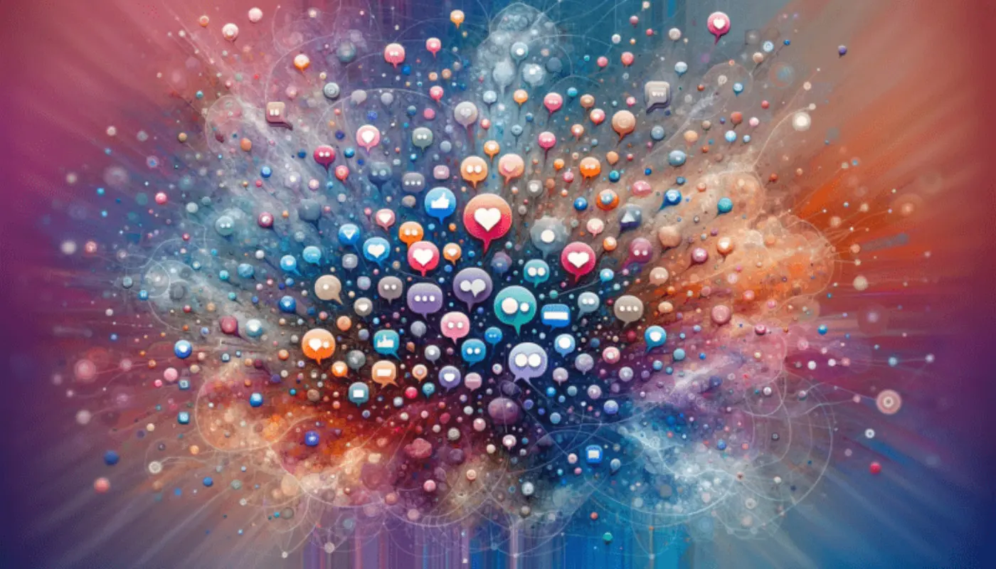 An image featuring an expanded array of floating speech bubbles in vibrant and muted colors, interconnected with delicate, web-like lines against a vivid pastel-hued background. The composition dynamically fills the entire frame, effectively conveying the complex network of social media interactions.