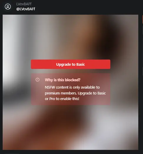 Screenshot with blurred image and red button saying 'Upgrade to Basic'. Explanation underneath explains NSFW is only available to premium members.