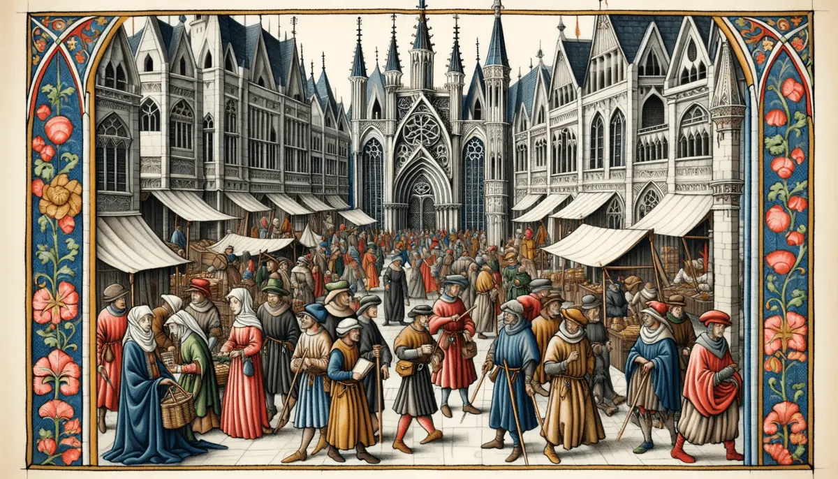 An intricately detailed illustration in the style of a medieval manuscript, depicting a lively street scene with Gothic architectural elements. The image is populated with figures dressed as merchants and pilgrims, in a color palette of light gray, dark gray, bright red, yellow, and blue, capturing the vibrancy of medieval Europe. The borders are adorned with floral motifs, enhancing the manuscript's authentic feel.