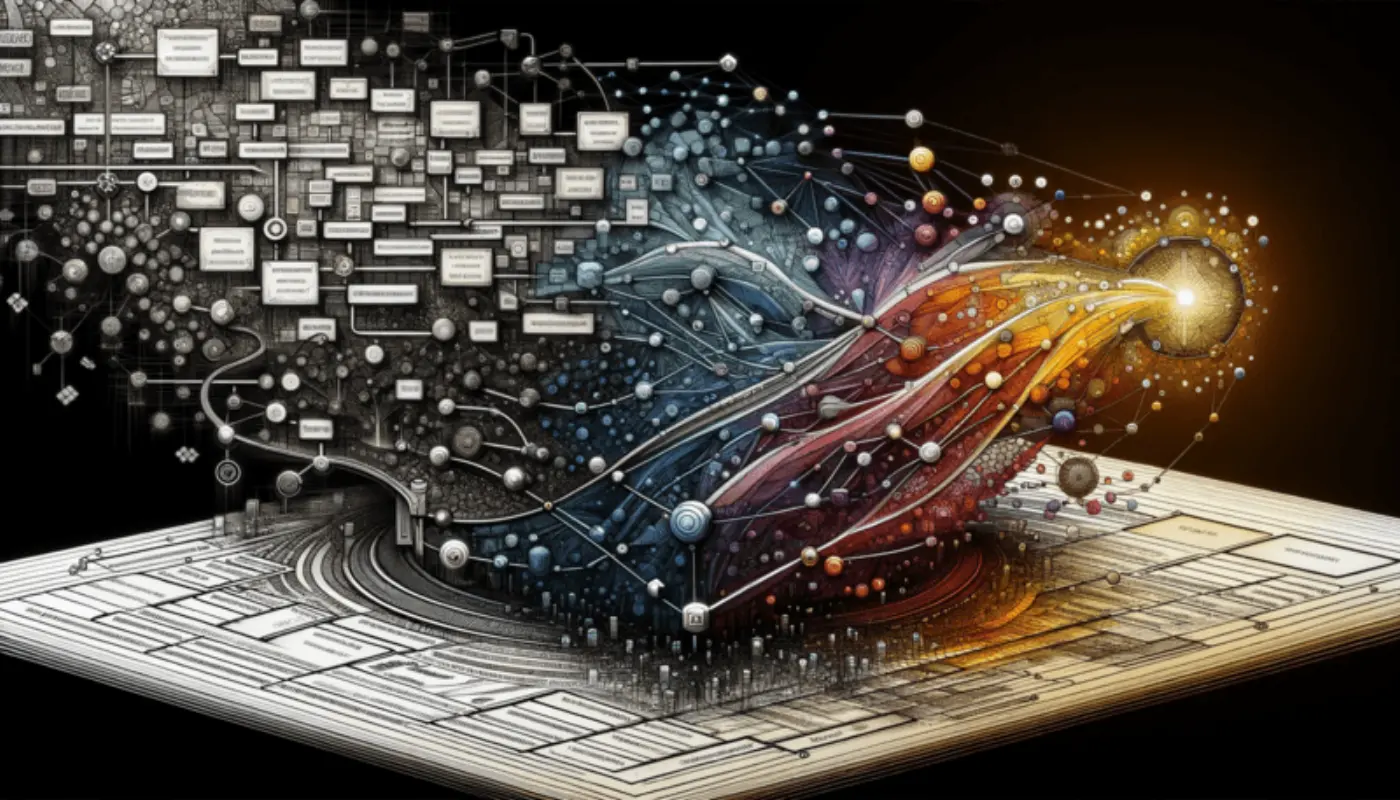 Abstract image depicting a fluid transition from a structured learning contract to a dynamic, interconnected system. On the left, a monochromatic, orderly table with words and linear elements gradually blends into a vivid, complex network of interconnected nodes and colorful pathways on the right. This seamless transformation symbolizes the evolution from systematic to systemic thinking, highlighted by the subtle shift in color palette from muted tones near the table to vibrant hues in the network, representing the growing complexity and depth of understanding.